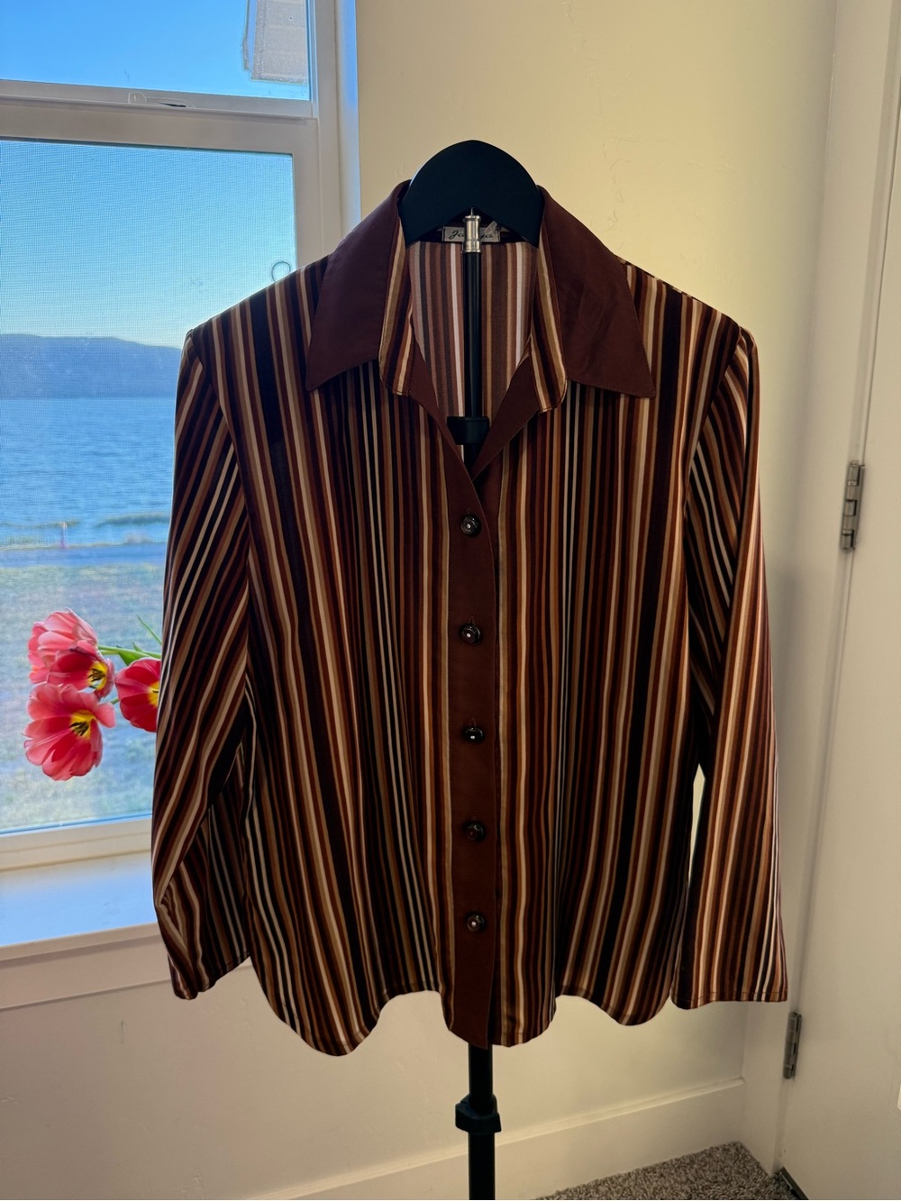 Vintage Style Ariya Brown and Cream Striped Button-Down Shirt